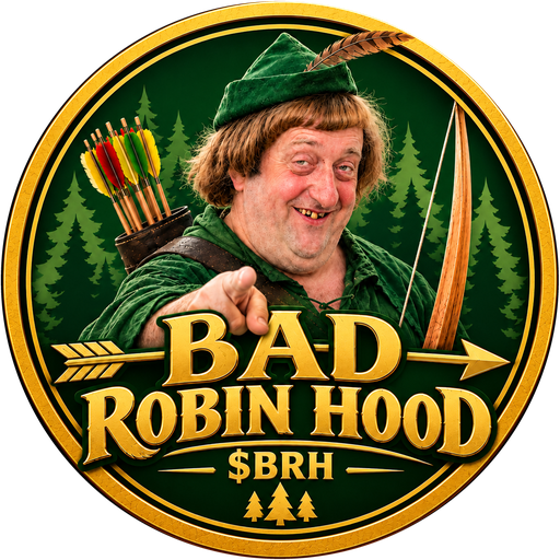 $BRH Bad Robin Hood coin: a grinning, gap-toothed archer in a green Robin Hood costume pointing at you